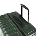 Dark green hard-shell suitcase with molded carry handle and side zipper pocket