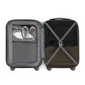Small cabin suitcase, dark gray shell with zipped compartments and cross-strapped interior.