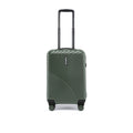 Dark green small cabin suitcase with ridged sides, telescopic handle and corner wheels