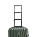 Small cabin suitcase in dark green with multiple stacked top handles and ribbed shell.