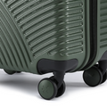 Small cabin suitcase base in dark green with textured vents and four spinner wheels.