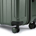 Dark green hardshell suitcase corner with dual spinner wheels and protective trim