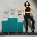Teal small cabin suitcase with telescopic handle and 8 wheels, among stacked sizes.