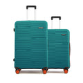 Hard-shell luggage set of 2, teal, two cases with extended handles and 8 wheels.