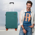 Teal 2-piece hard-shell suitcase set, front view, telescopic handles and 8 wheels
