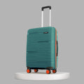 Teal ribbed rolling suitcase with telescopic handle and four orange wheels