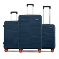 3-piece hard-shell luggage set in blue with 8 spinner wheels and stackable handles