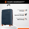 Hard-shell luggage with 8 wheels, dark blue PP shell, telescopic handle, orange wheels