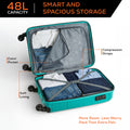 Teal cabin suitcase open showing lined interior, compression straps, and 4 wheels