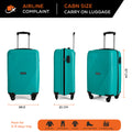 Teal poly cabin suitcase, front and side views, with 4 wheels