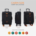 Black cabin-size soft-sided spinner trolley with handle and orange wheel accents