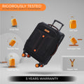 Black soft body spinner trolley with four orange wheels and front panel, telescopic handle.