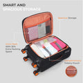 Black soft-sided spinner trolley with open main compartment and orange interior lining