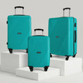 Set of three teal hard-shell suitcases with telescopic handles and 4 wheels