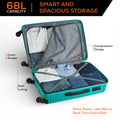 Open medium teal hard-shell suitcase interior with compression straps and soft lining.