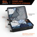 Large black suitcase open to show packing space and organizer straps