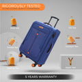 Blue HRX soft trolley on wheels in a test graphic with drop and zipper test icons