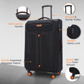 Black soft-sided spinner trolley suitcase with telescopic handle and 360° spinner wheels