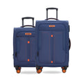 Two blue soft-sided spinner trolley suitcases nested together with orange wheels