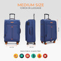 Blue medium soft-body check-in spinner trolley with front pockets and rolling wheels