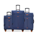 Blue soft-sided spinner trolley set with three upright cases and front pockets