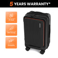Black hard-shell trolley suitcase with spinner wheels and reinforced side handle