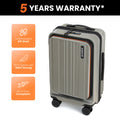 Silver twill trolley suitcase with ridged front panel and four spinner wheels