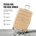 Beige polypropylene trolley suitcase with reinforced shell, handle, and spinner wheels