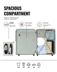 Medium hard-shell trolley suitcase opened to show large interior packing panels and side pockets