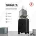 Polypropylene cabin spinner suitcase in black with four rolling wheels on flat base