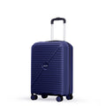 Blue cabin spinner suitcase with ribbed shell, front logo, and four wheels