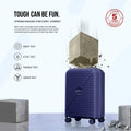 Blue cabin spinner suitcase on wheels with protection tests shown beside it