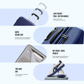 Blue cabin spinner suitcase with handle, lock, and wet mesh pocket detail close-ups