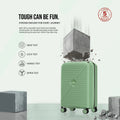 Green cabin spinner suitcase standing on four wheels with durable hard shell