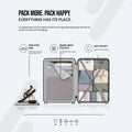 Light gray cabin spinner suitcase open interior with packing compartments and shoe bag