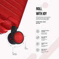Red 8-wheel cabin spinner suitcase with close-up of multi-direction wheel