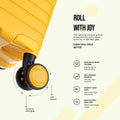 Yellow 8-wheel cabin spinner suitcase with close-up of spinner wheel