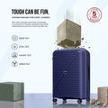 Large blue polypropylene spinner suitcase with 8 wheels and diagonal front design.