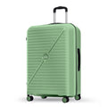 Large green hard-shell spinner suitcase with 8 wheels and push-button handle