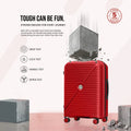 Red polypropylene spinner suitcase upright with ridged front and corner protection