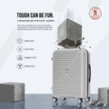 Light gray polypro hard-shell spinner suitcase with 8 wheels and durable frame