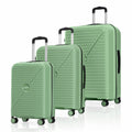 Three mint green hardshell spinner suitcases with telescopic handles and four wheels