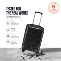 Black cabin trolley with telescopic handle and eight spinner wheels after impact testing