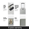 Light grey polypropylene trolley set with super secure lock, push-button handle, and utility pockets