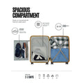 Yellow cabin trolley with open interior showing zip compartments and shoe bag pocket