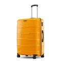 Large yellow check-in trolley with telescopic handle and corner wheels, ridged shell