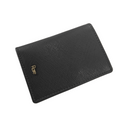 Black leather card holder with Rare logo, angled view