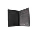 Black leather card holder open, showing card slots and interior lining