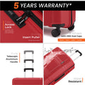 Red medium check-in suitcase with 8 wheels, telescopic handle, and water resistant shell.