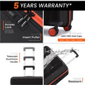 Dark suitcase with orange zipper, black handle, and four spinner wheels